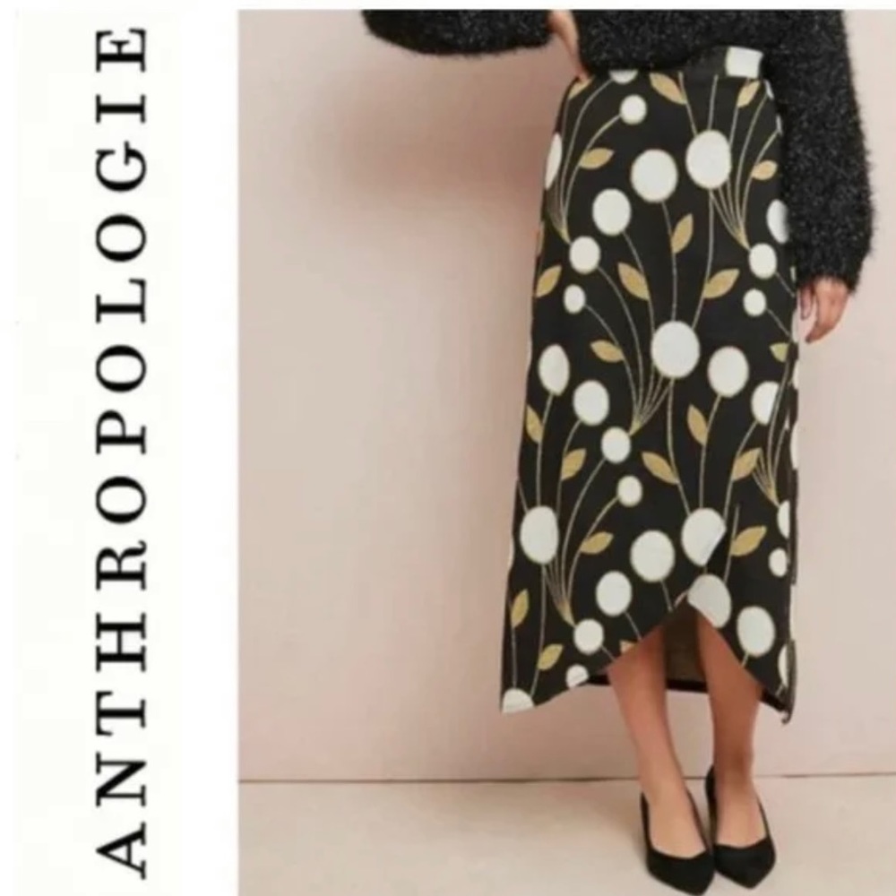 Maeve Anthropologie Craspedie Maxi Black Gold Lined Pull-on Style Wrap Skirt